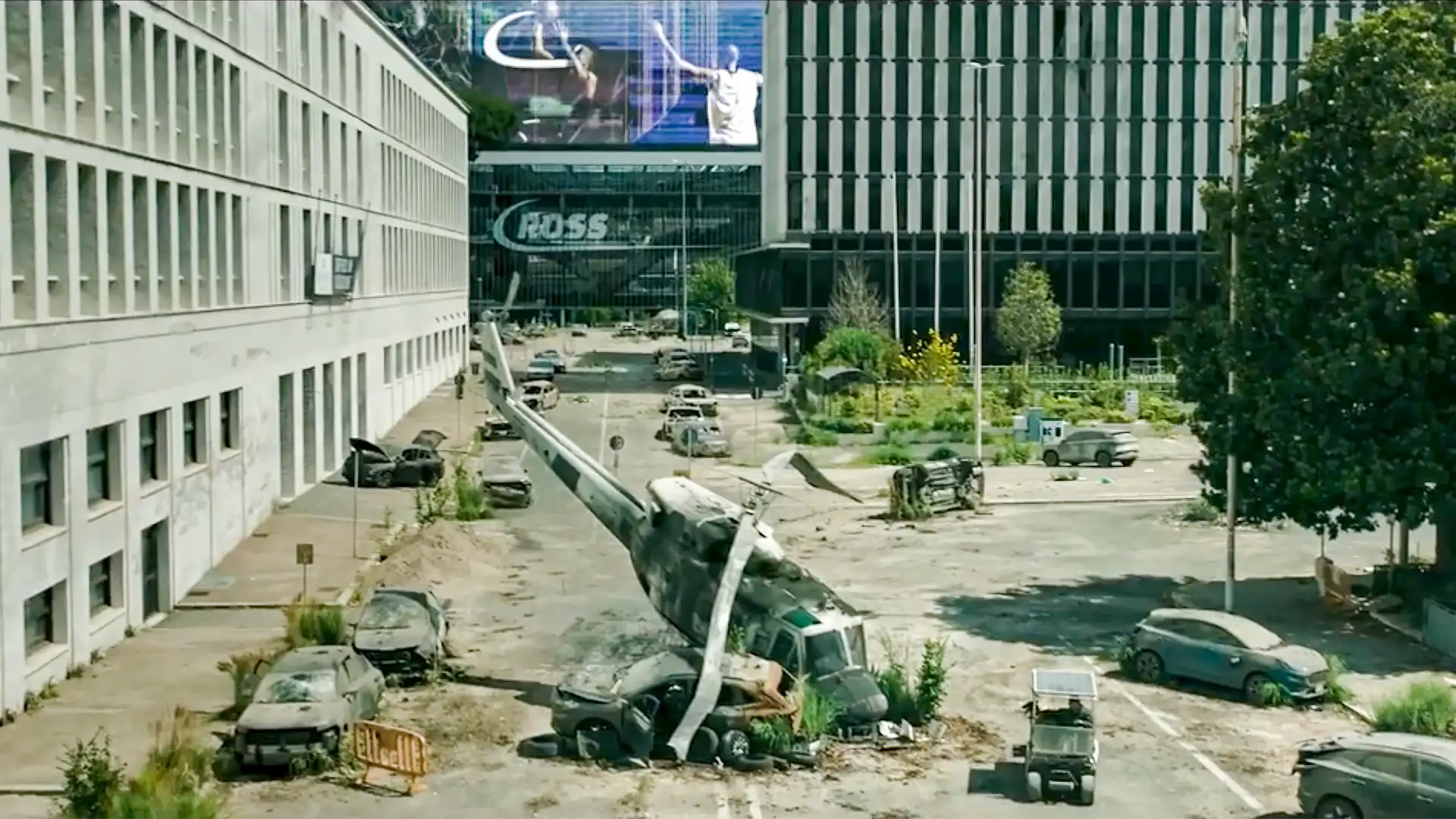 A post-apocalyptic city scene with a crashed helicopter, featured in Banterflix: 4th September 2026, showcasing creative design for brand storytelling.