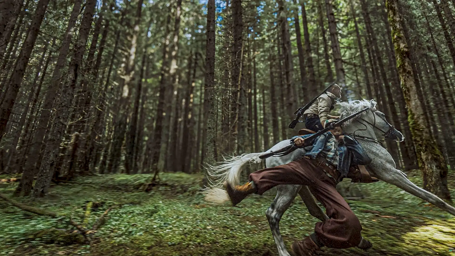A dynamic scene for Banterflix: 2nd October 2026, featuring a rider on a white horse in a dense forest, highlighting creative brand storytelling.