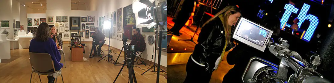 RVbrand team filming a volunteer interview in an art gallery and capturing live event strategy footage with professional video equipment.