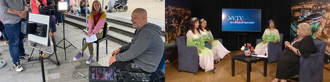 A split image showing a film crew interviewing a volunteer outdoors and a studio interview on NVTV, highlighting media brand development services.